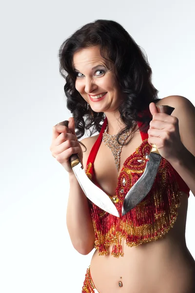 Szalony Uśmiechający Się Włos Arabskich Strojach Nożem — Zdjęcie stockowe