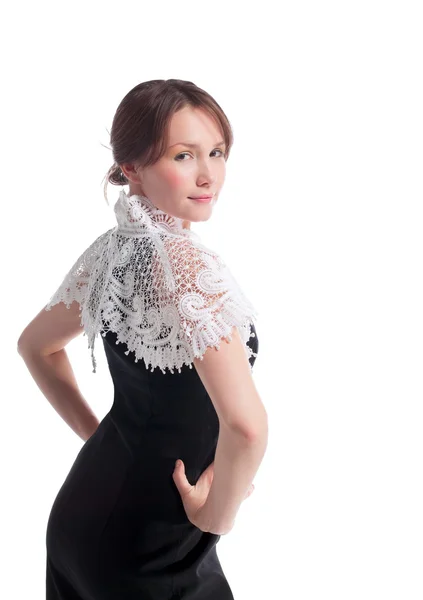 Piękna kobieta z koronki biała pelerynka na kręgosłup — Zdjęcie stockowe