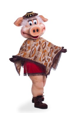 Pig mascot costume dance in poncho clipart