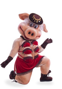 Swine mascot costume dance striptease in hat clipart