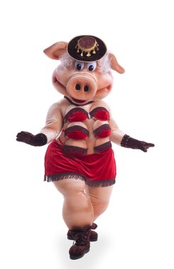Pig mascot costume dance striptease in hat clipart
