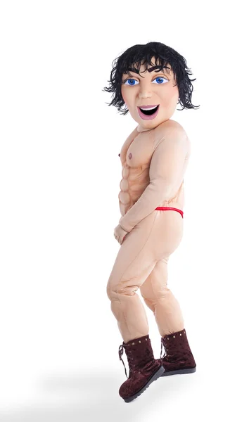 Man striptease mascotte kostuum poseren geïsoleerde — Stockfoto