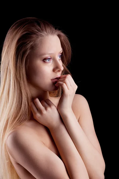 Beauty young naked sadness girl look at light — Stock Photo, Image