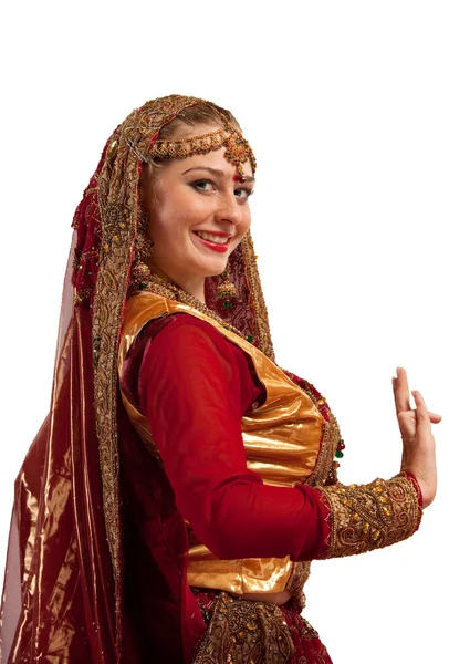 Skönhet flicka i orientalisk dräkt med hand tecken — Stockfoto