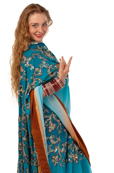 Beauty girl posing in blue oriental indian costume — Stock Photo, Image