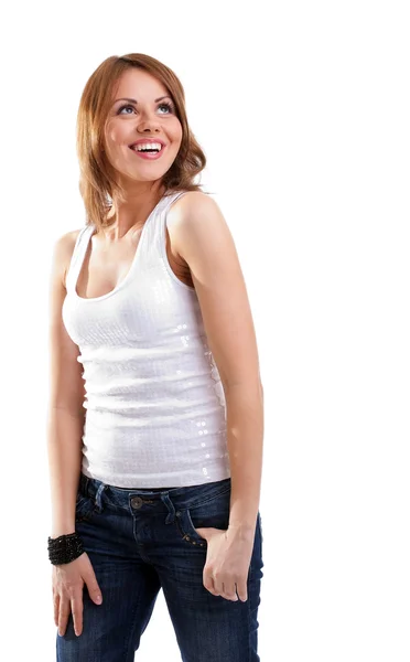 Glad kvinna i t-shirt leende — Stockfoto