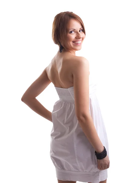 Beauty woman on white cloth look at you smile — Stock Photo, Image