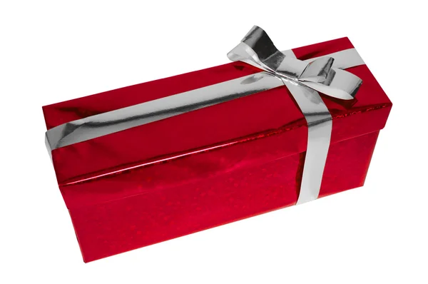 Rotes Geschenk Mit Silberner Schleife Isoliert Auf Weißem Grund — Stockfoto