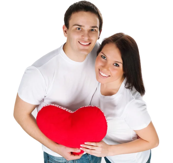 Casal Com Coração Vermelho Fundo Branco — Fotografia de Stock