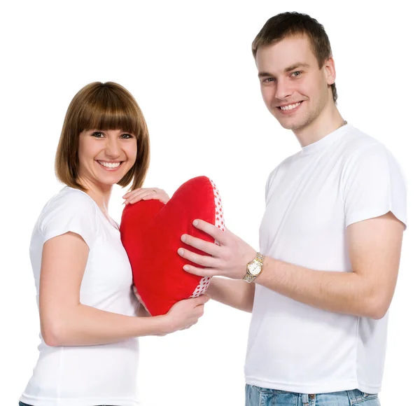 Casal Com Coração Vermelho Fundo Branco — Fotografia de Stock