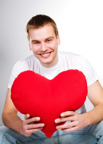 Homem Com Coração Vermelho Sobre Fundo Branco — Fotografia de Stock
