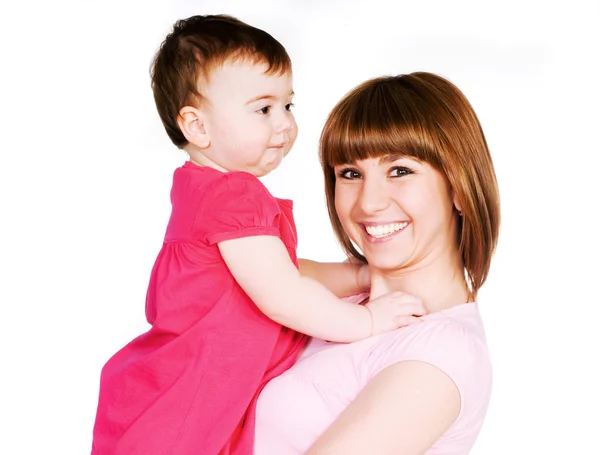 Gelukkig Moeder Met Een Baby Een Witte Achtergrond — Stockfoto