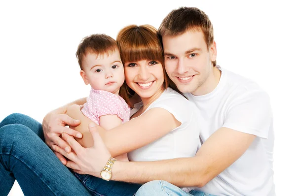 Familia Feliz Con Bebé Sobre Fondo Blanco — Foto de Stock