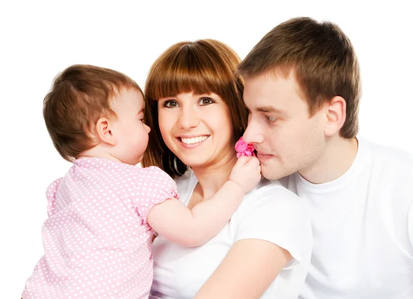 Família Feliz Com Bebê Fundo Branco — Fotografia de Stock