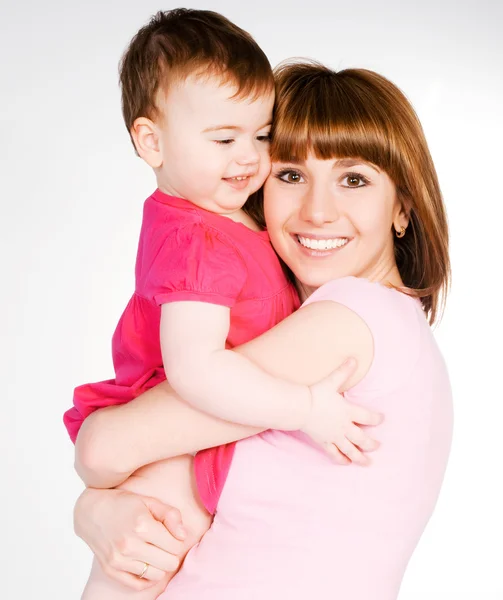 Gelukkig Moeder Met Een Baby Een Witte Achtergrond — Stockfoto