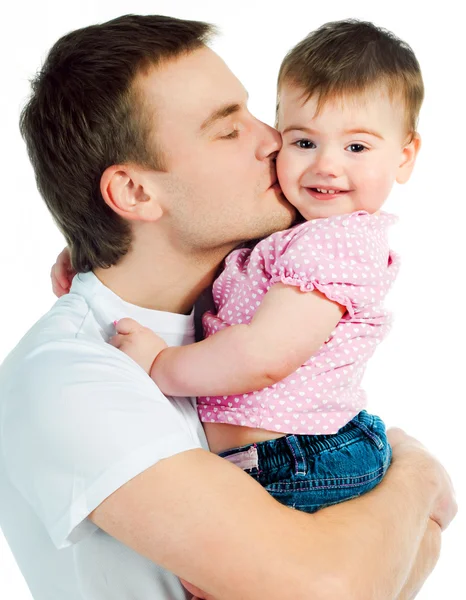 Gelukkig Vader Met Een Baby Een Witte Achtergrond — Stockfoto