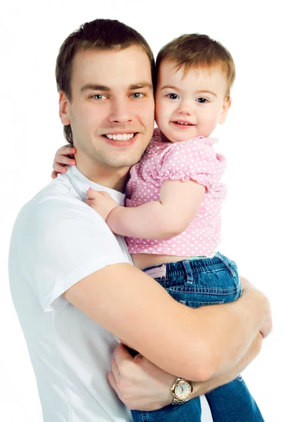 Gelukkig Vader Met Een Baby Een Witte Achtergrond — Stockfoto