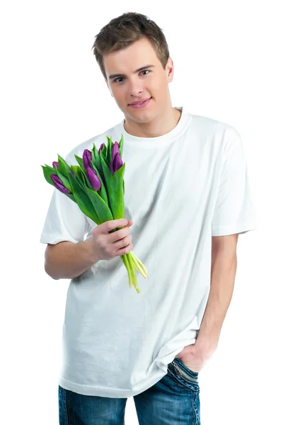 Красивий Молодий Чоловік Букетом Тюльпанів — стокове фото
