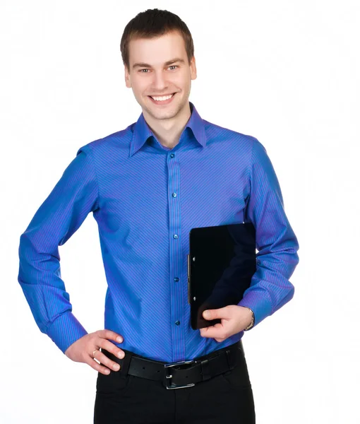 Young Man Purple Shirt Tablet Notes — Stock Photo, Image