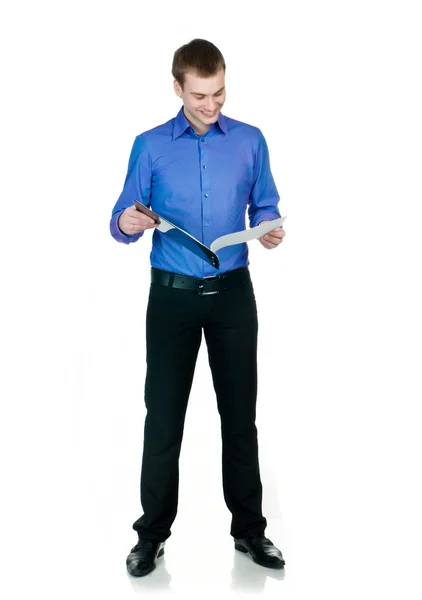 Jeune Homme Chemise Violette Avec Une Tablette Pour Les Notes — Photo