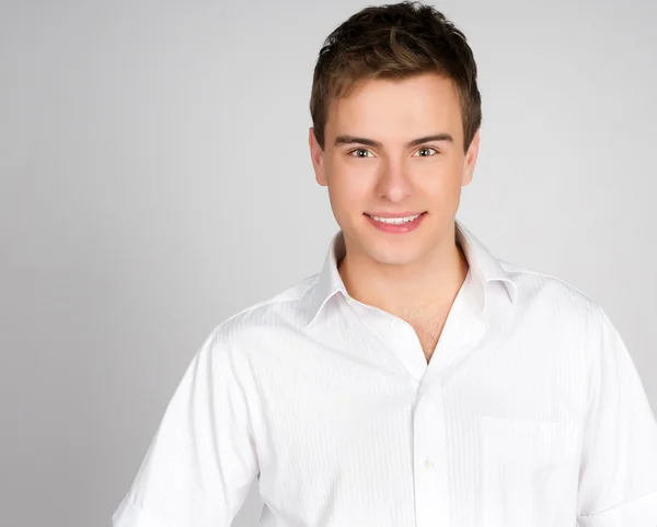 Handsome Young Man Smiles Looks Camera — Stock Photo, Image