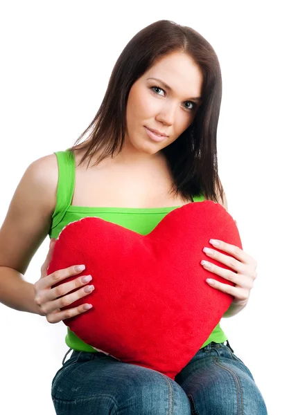Linda Jovem Morena Com Coração Vermelho Isolado Fundo Branco — Fotografia de Stock