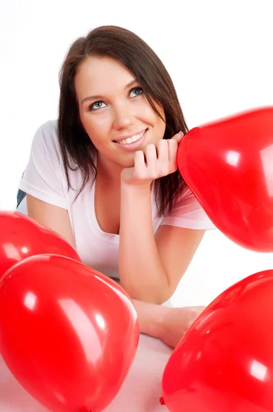 Mooie Jonge Brunette Met Rode Harten Geïsoleerd Witte Achtergrond — Stockfoto