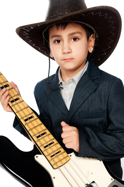 Rapaz de chapéu e guitarra de cowboy — Fotografia de Stock