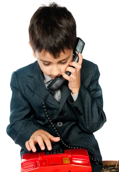 Ung Pojke Prata Telefon Isolerad Vit Bakgrund — Stockfoto