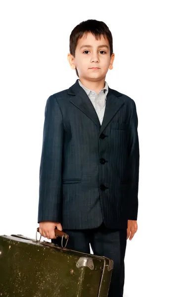 Boy Suit Carrying Suitcase Light Background — Stock Photo, Image