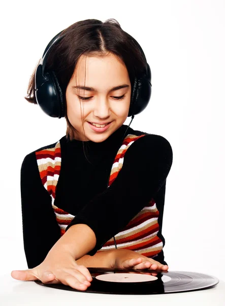 Πορτρέτο φωτογραφία του όμορφο παιδί προσχολικής ηλικίας με ακουστικά και — Φωτογραφία Αρχείου