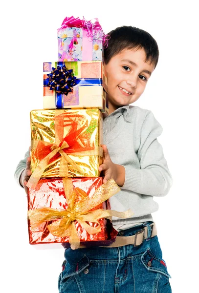 Маленький Хлопчик Подарунками Світлому Фоні — стокове фото