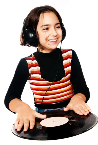 Portret Fotografia piękne dziecka w wieku przedszkolnym z słuchawkami i — Zdjęcie stockowe