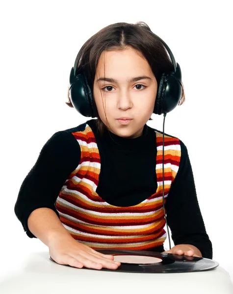 Foto Retrato Criança Pré Escolar Bonita Com Fones Ouvido Placa — Fotografia de Stock