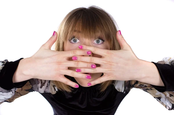 Lady covering her face with her hands — Stock Photo, Image