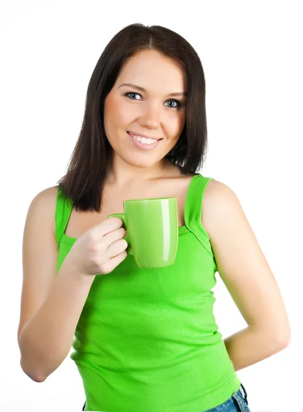 Pretty girl with a green cup — Stock Photo, Image