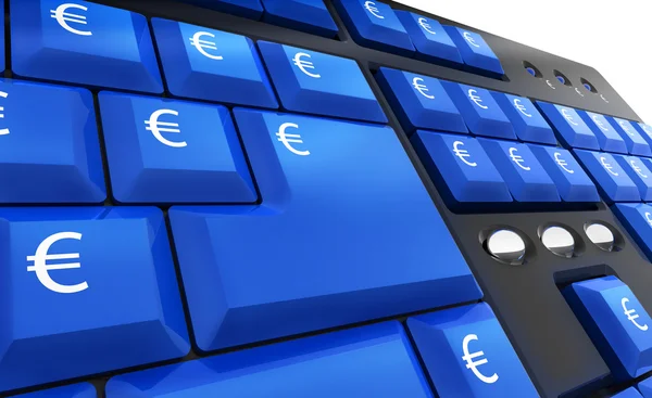 Klawiaturze Komputera Klawiszami Niebieski Pieniądze Euro — Zdjęcie stockowe