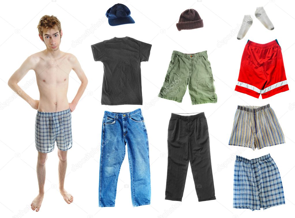 A young white Caucasian adult wearing underwear isolated on white with a bunch of clothes on the right. Mix and match! You can place the clothing on his body.
