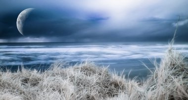 A dreamy photograph of a blue ocean shore. clipart