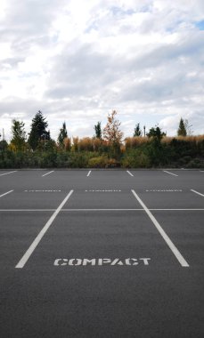 Vertical photograph of a parking lot with the word COMPACT in all spaces with trees and sky in background. clipart