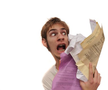 Man being attacked by an overload of paperwork! clipart