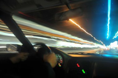 Interior of a car with a long exposure to demonstrate very high speed dangerous driving at night time, clipart