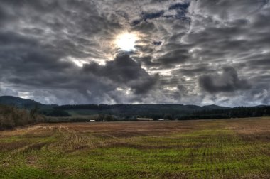 Empty Grass Field With Sun Bursting Through A Dark Overcast Cloud Cover clipart