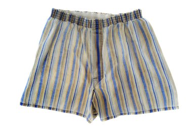 A pair of boxer shorts (underwear) with blue and tan vertical stripes isolated on white background. clipart