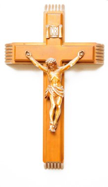 A wooden crucifix with the lettering INRI carved at the top isolated on white background clipart