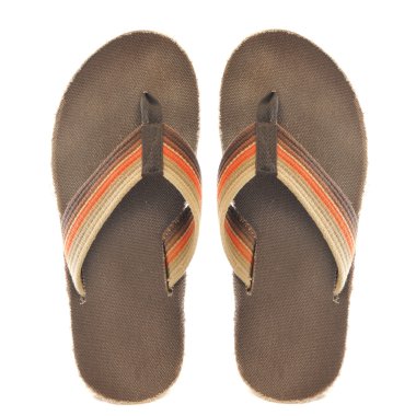 Pair of brown and orange retro oldschool junglist sandals isolated on a pure white background clipart