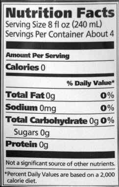 Nutrition facts on a water bottle. The image is black and white. clipart