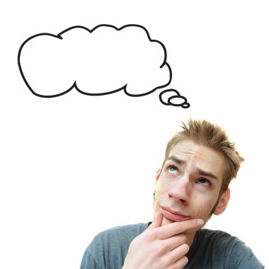 A young white male adult thinks in his think bubble caption. Isolated on white background. clipart