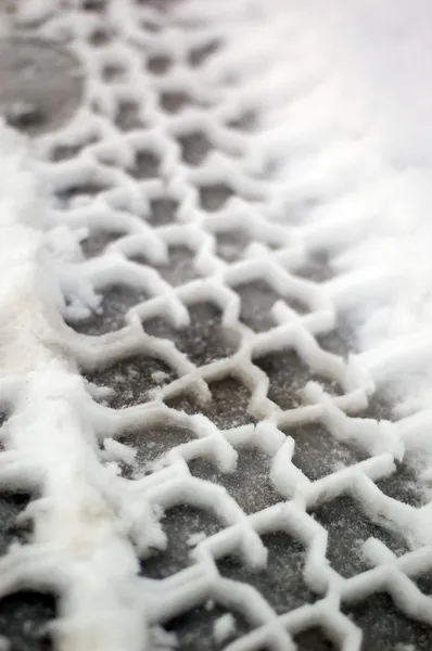 Black White Close Macro Shot Tire Tracks Slushy Snow — Stock Photo, Image