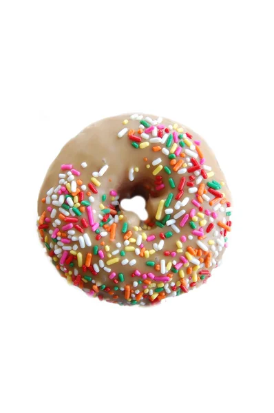 stock image A donut with maple icing and colorful sprinkles.